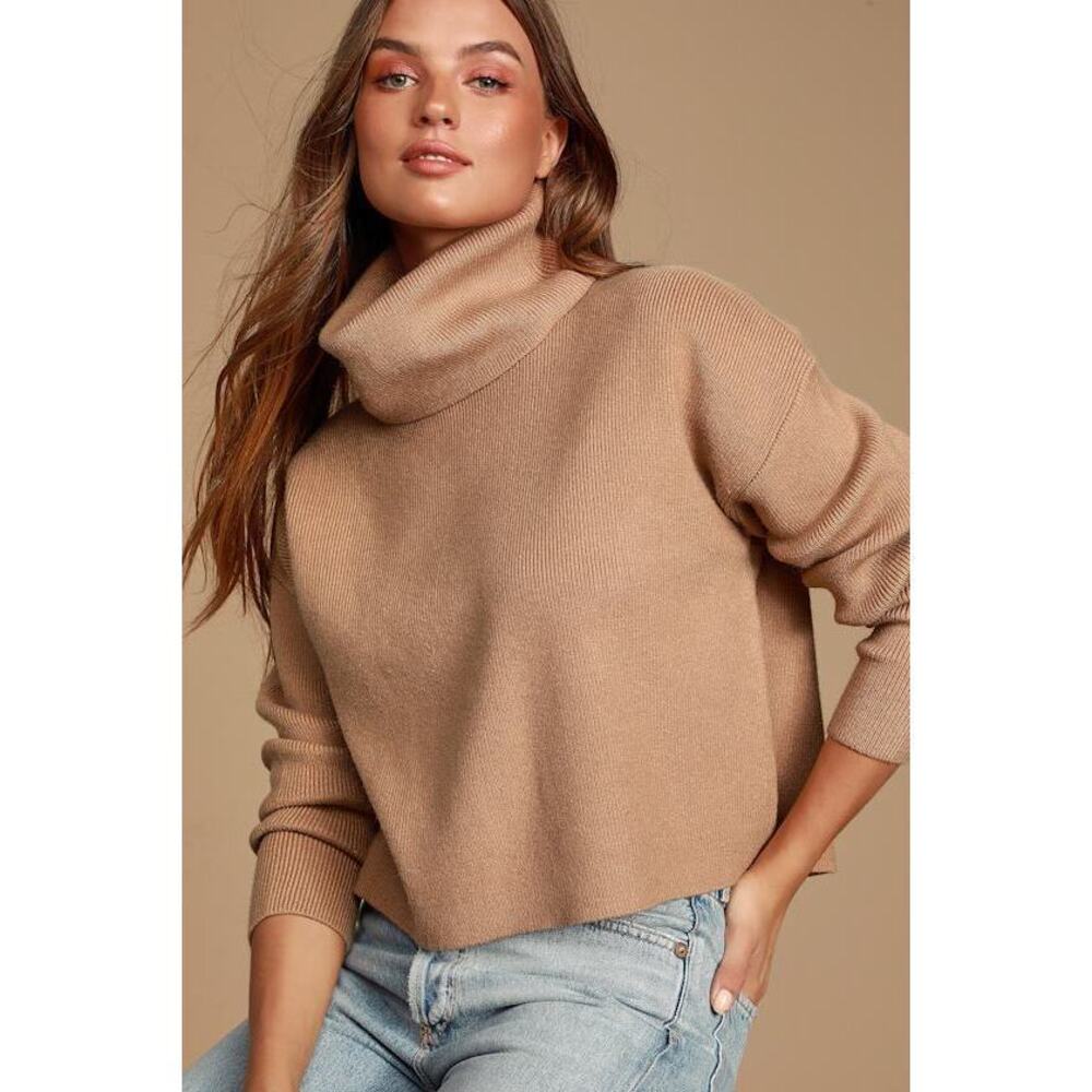 Lulus Let's Cuddle Tan Cowl Neck Sweater Beige - Size S